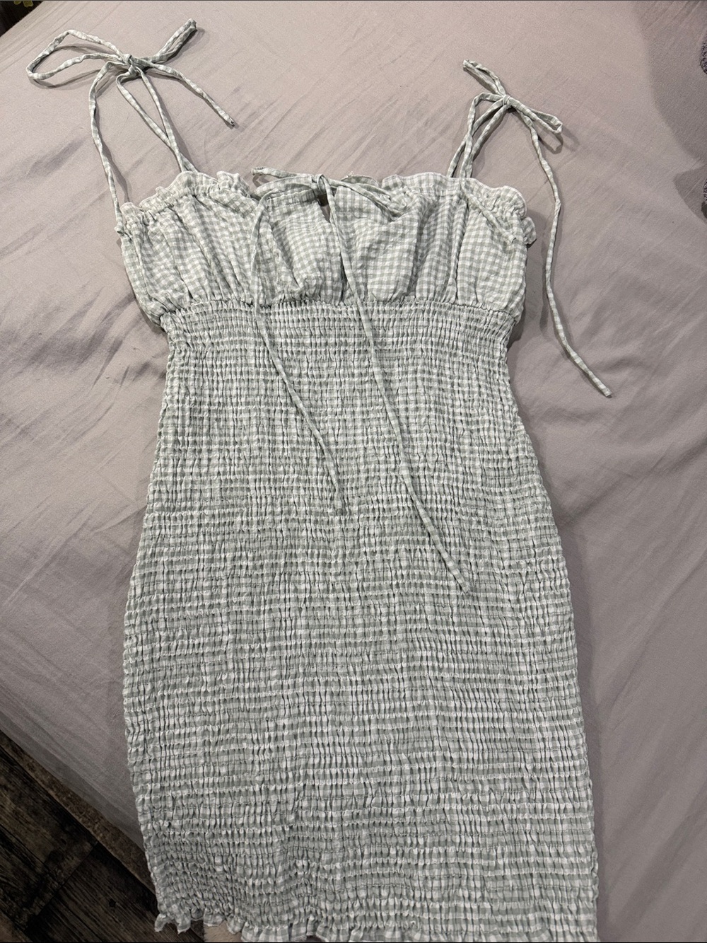 Princess Polly Light Green & White Gingham Smocked Tie-Shoulder Mini Dress